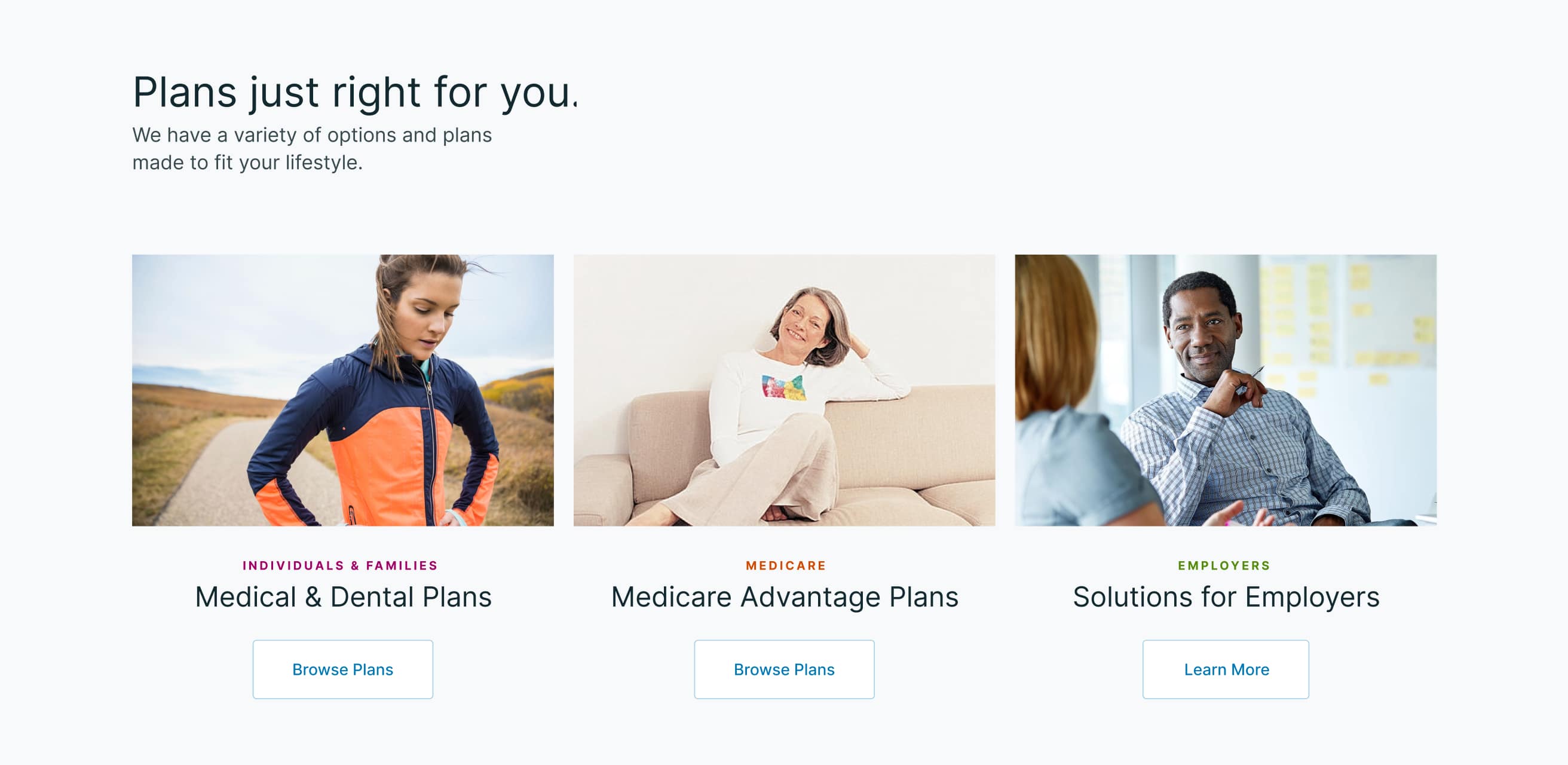 BCBSRI plan categories for individuals, Medicare, and employers